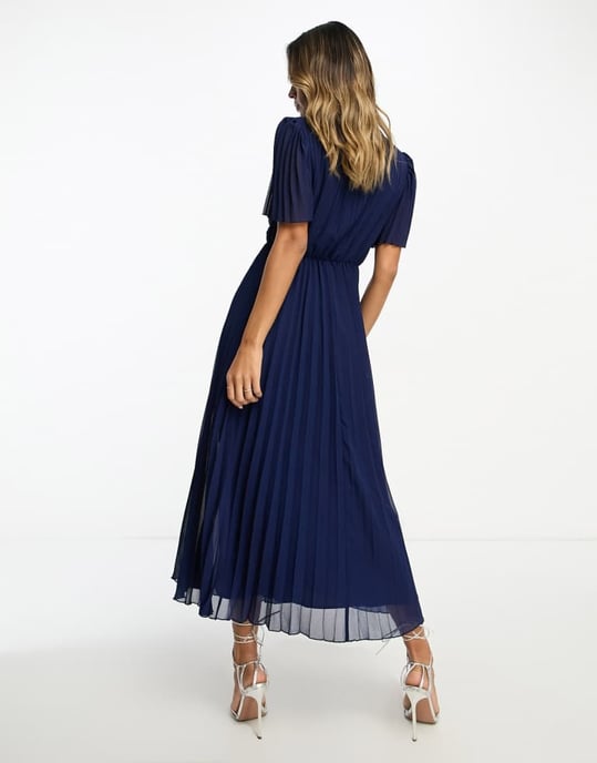 ASOS DESIGN pleated bodice flutter sleeve pleat midi dress in navy - Image 3