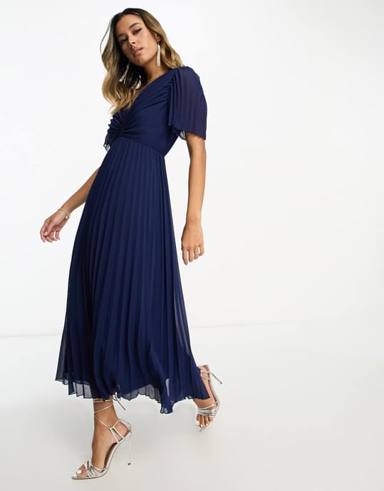 ASOS DESIGN pleated bodice flutter sleeve pleat midi dress in navy - Image 4