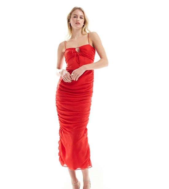 ASOS DESIGN Tall tie front cami midi dress with ruched skirt in red - Image 1