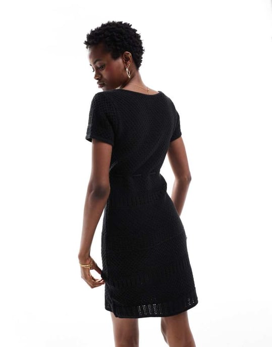 ASOS DESIGN knitted mini dress with scoop neck in mixed stitch in black - Image 4