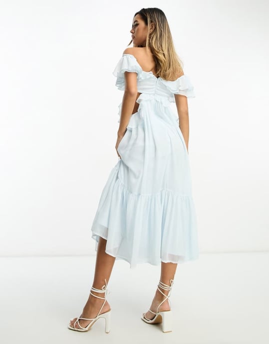 ASOS DESIGN ruffle cut out off the shoulder midi dress in soft blue - Image 2