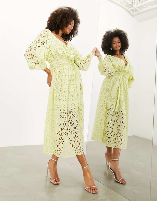 asos yellow embroidered dress Rent Asos Edition Broderie Twist Front Mini Dress With Puff Sleeve In Yellow