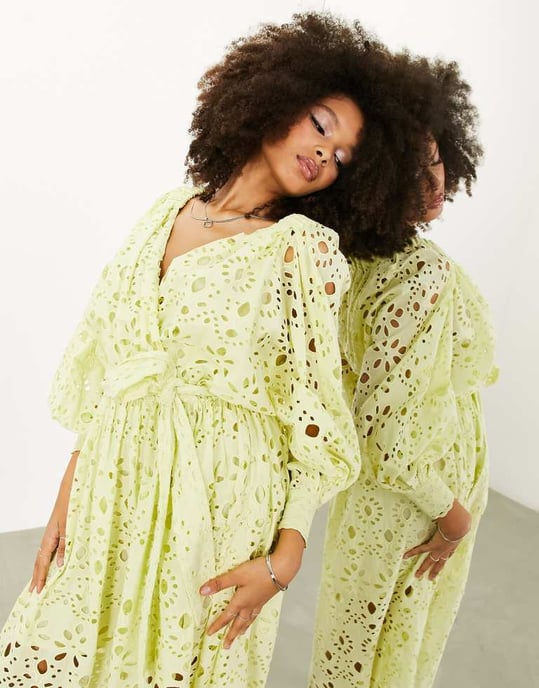 ASOS EDITION broderie wrap belted midi dress in lemon-Yellow