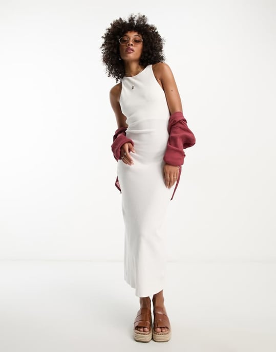 ASOS DESIGN square neck strappy ribbed midi bodycon dress with wooden beads in white - Image 1
