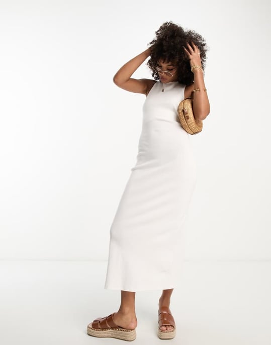 ASOS DESIGN square neck strappy ribbed midi bodycon dress with wooden beads in white - Image 2