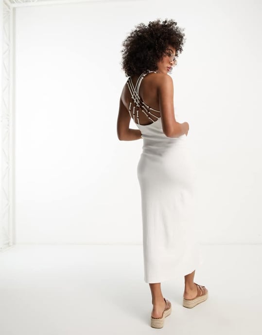 ASOS DESIGN square neck strappy ribbed midi bodycon dress with wooden beads in white - Image 3