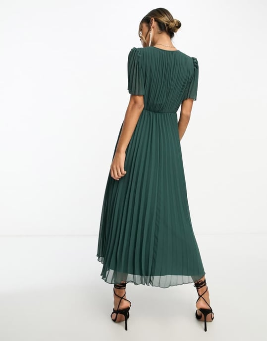 ASOS DESIGN pleated bodice flutter sleeve pleat midi dress in pine green