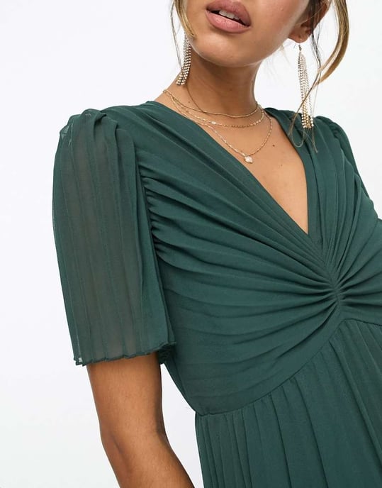 asos pleated dress green ASOS DESIGN High Neck Pleated Chevron Dobby Midi Dress With Puff Sleeve In  Forest Green main image 0