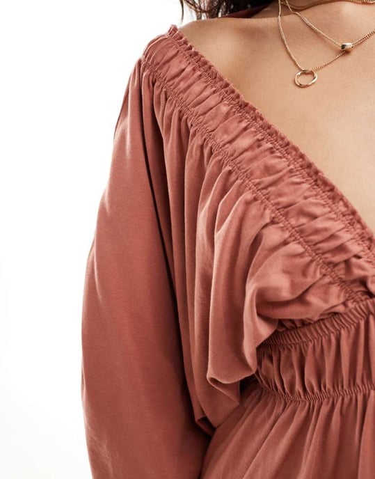 ASOS DESIGN plunge elastic tea midi dress with ruched waist in rust-Orange - Image 2