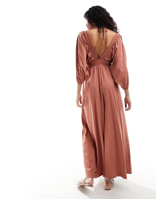 ASOS DESIGN plunge elastic tea midi dress with ruched waist in rust-Orange - Image 3