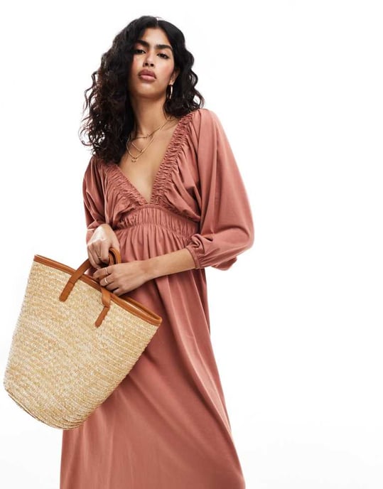ASOS DESIGN plunge elastic tea midi dress with ruched waist in rust-Orange - Image 4