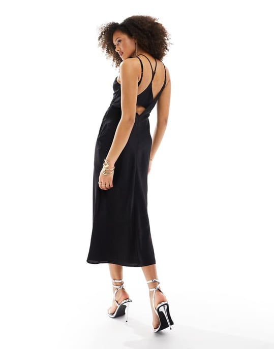 ASOS DESIGN satin mix racer neck midi dress with sheer detail in black - Image 2