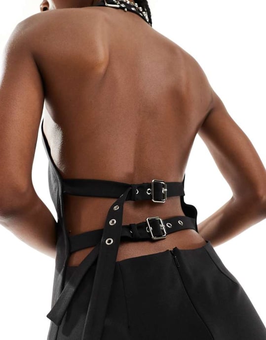 COLLUSION tailored halter cowl neck dress with buckle details in black - Image 2