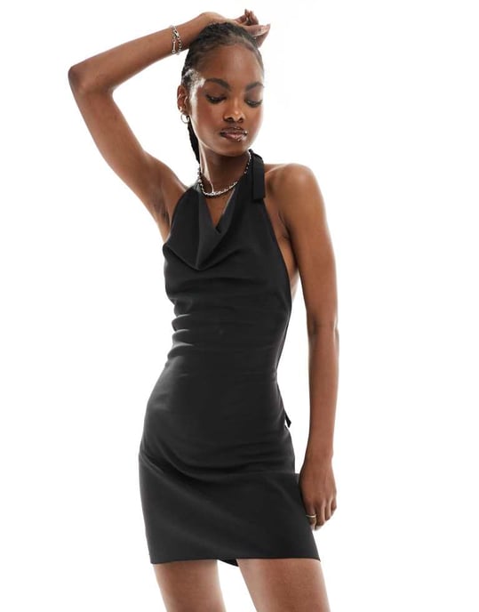 COLLUSION tailored halter cowl neck dress with buckle details in black - Image 3