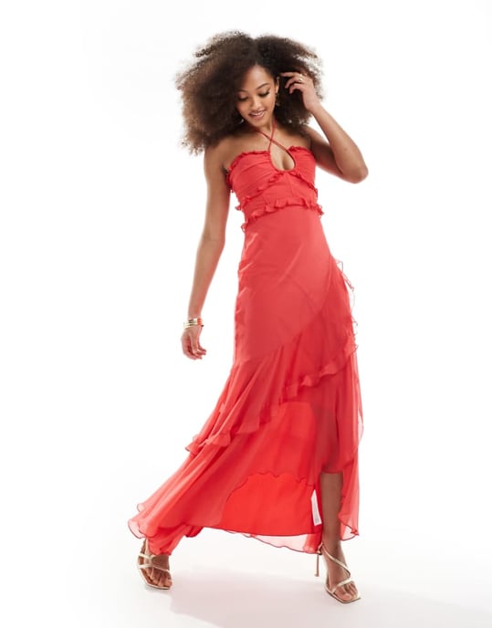 ASOS DESIGN halter ruffle maxi dress with high low hem in red - Image 1