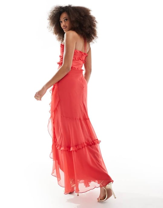 ASOS DESIGN halter ruffle maxi dress with high low hem in red - Image 4