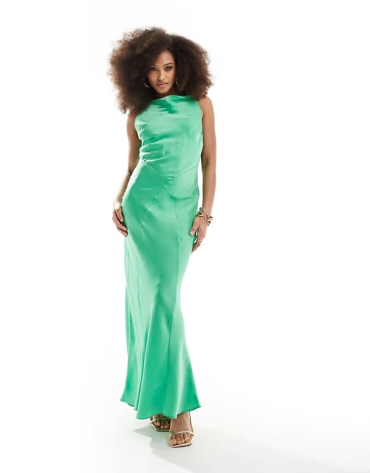 ASOS DESIGN satin square neck maxi dress with cowl back detail in Green - Image 1