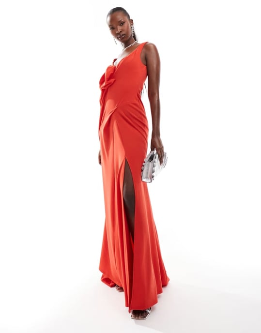 ASOS DESIGN premium draped rose detail off shoulder fishtail maxi dress in red - Image 1
