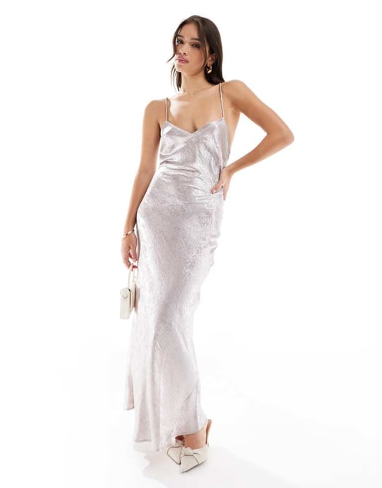 Miss Selfridge metallic maxi slip dress in pink-Silver - Image 3