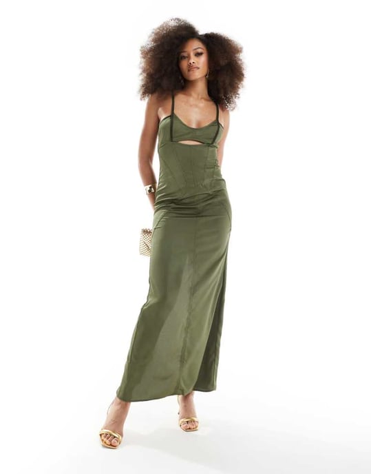 ASOS DESIGN cami maxi dress with top stitching detail in khaki-Green - Image 1