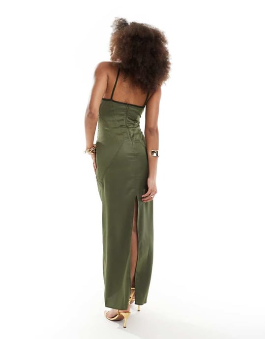 ASOS DESIGN cami maxi dress with top stitching detail in khaki-Green - Image 4