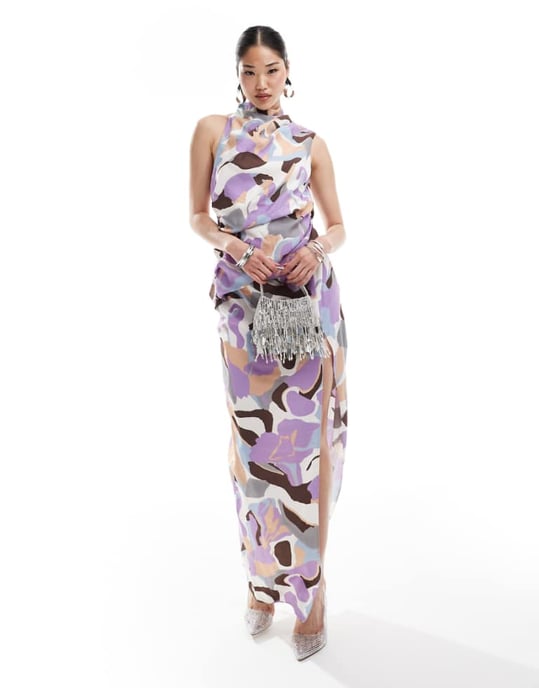ASOS DESIGN high neck one shoulder drape maxi dress with thigh split in abstract print-Multi - Image 1