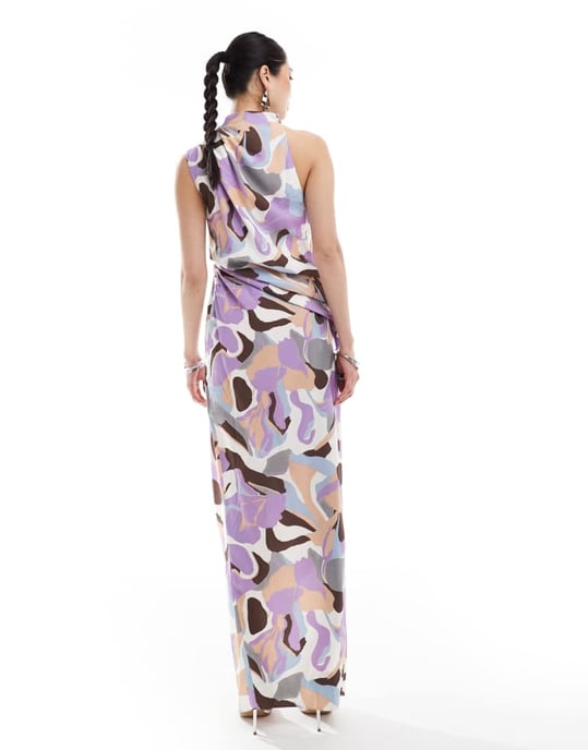 ASOS DESIGN high neck one shoulder drape maxi dress with thigh split in abstract print-Multi - Image 4