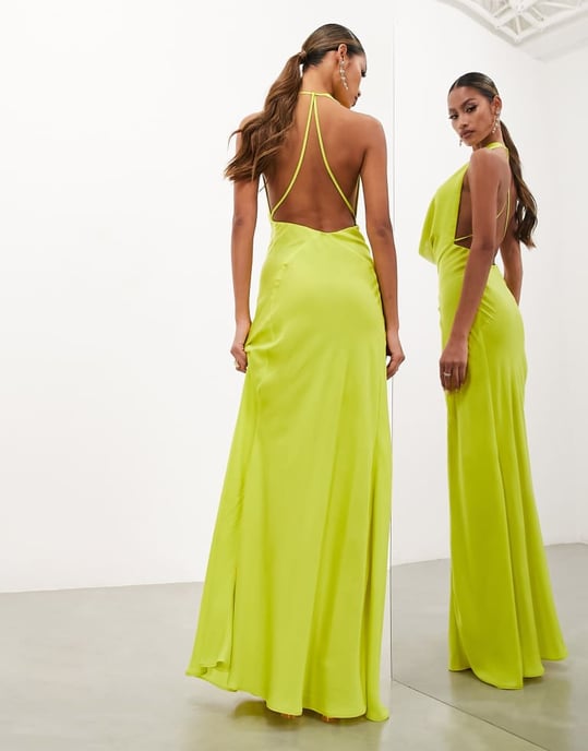 ASOS EDITION satin statement cowl neck maxi dress in lime green ASOS EDITION satin statement cowl neck maxi dress in lime green