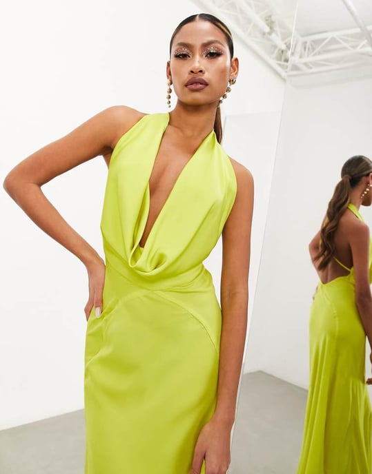 ASOS EDITION satin statement cowl neck maxi dress in lime green - Image 3