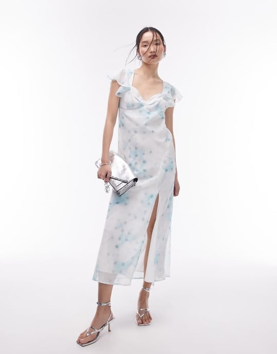 Topshop ruffle sleeve maxi slit front occasion dress in blue print-Multi - Image 1
