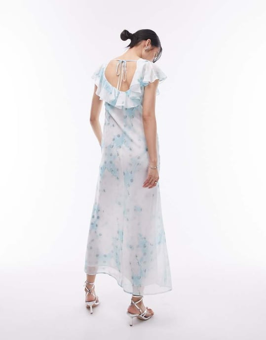 Topshop ruffle sleeve maxi slit front occasion dress in blue print-Multi - Image 3