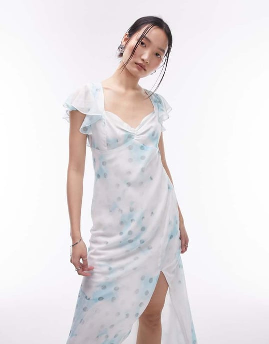 Topshop ruffle sleeve maxi slit front occasion dress in blue print-Multi - Image 4