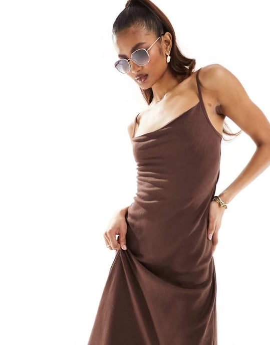 ASOS DESIGN linen cowl detail maxi slip sundress with draped back detail in chocolate-Brown - Image 1