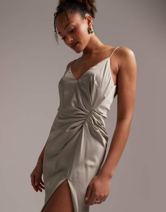 ASOS DESIGN Bridesmaid satin cami maxi dress with drape detail in sage green - Image 3
