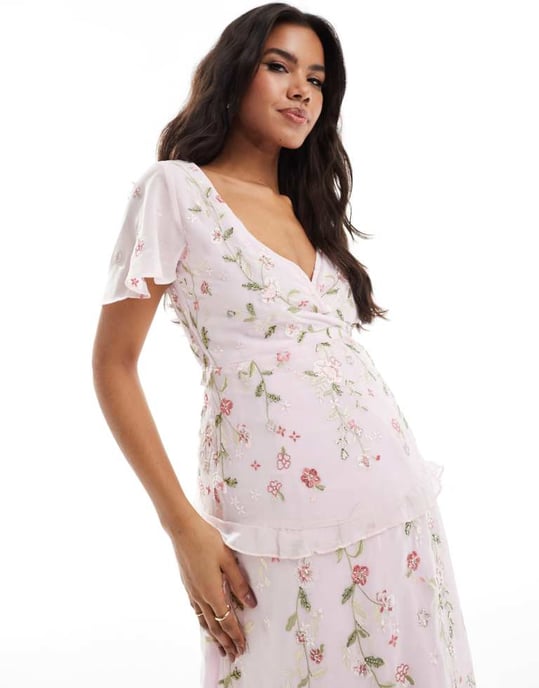 ASOS DESIGN Maternity Bridesmaid flutter sleeve embellished wrap maxi dress with embroidery in light pink-Purple - Image 3