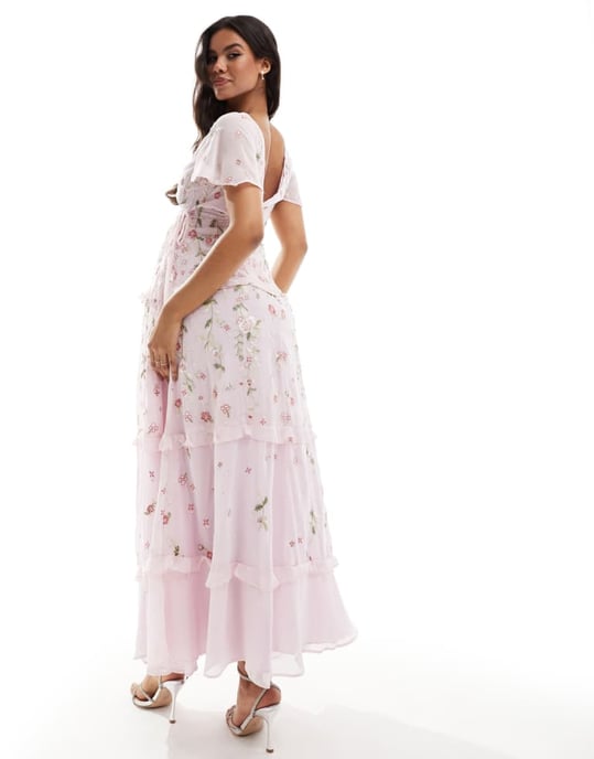 ASOS DESIGN Maternity Bridesmaid flutter sleeve embellished wrap maxi dress with embroidery in light pink-Purple - Image 4