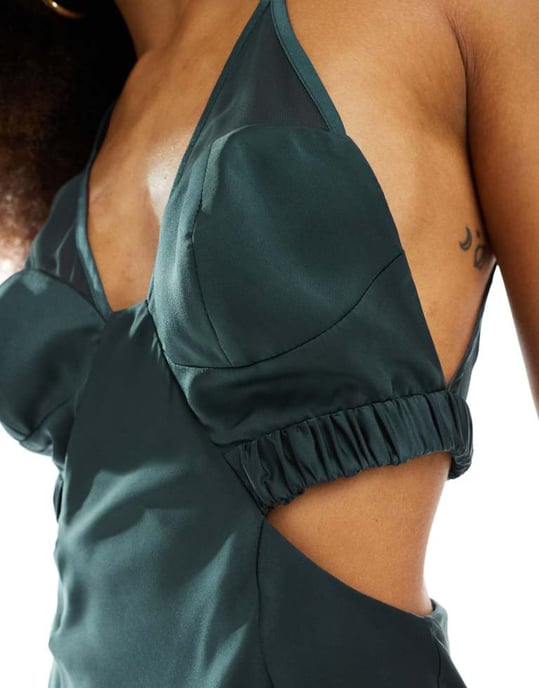 ASOS DESIGN satin mix mini dress with sheer insert in dark green - Image 3