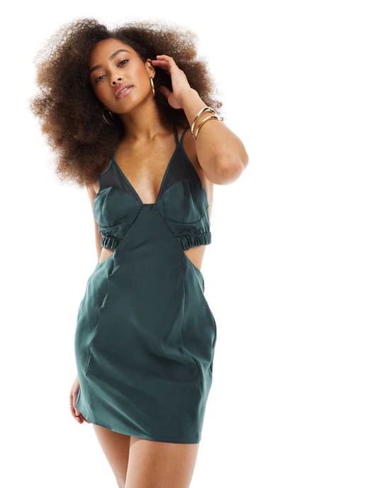 ASOS DESIGN satin mix mini dress with sheer insert in dark green - Image 4