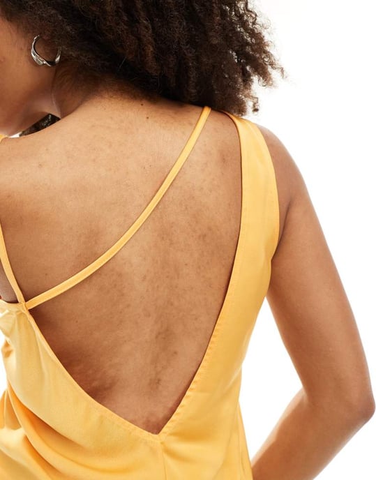 ASOS DESIGN satin ruched side mini dress with asymmetric straps in orange - Image 3