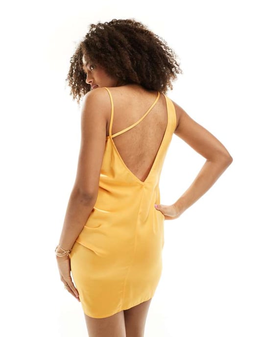 ASOS DESIGN satin ruched side mini dress with asymmetric straps in orange - Image 4