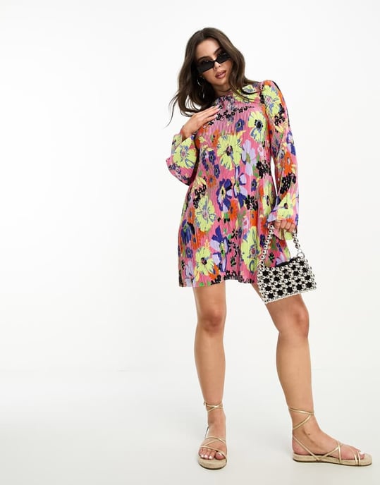 ASOS DESIGN Petite mini plisse dress with flared sleeve in pink floral print - Image 3