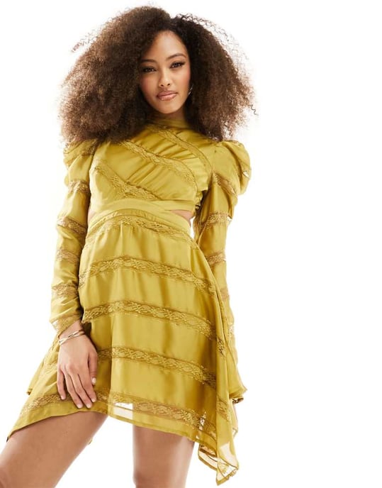 ASOS DESIGN high neck cut out mini dress with lace inserts in mustard-Yellow - Image 3
