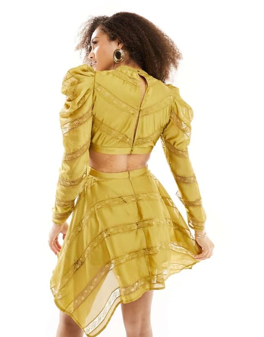 ASOS DESIGN high neck cut out mini dress with lace inserts in mustard-Yellow - Image 4