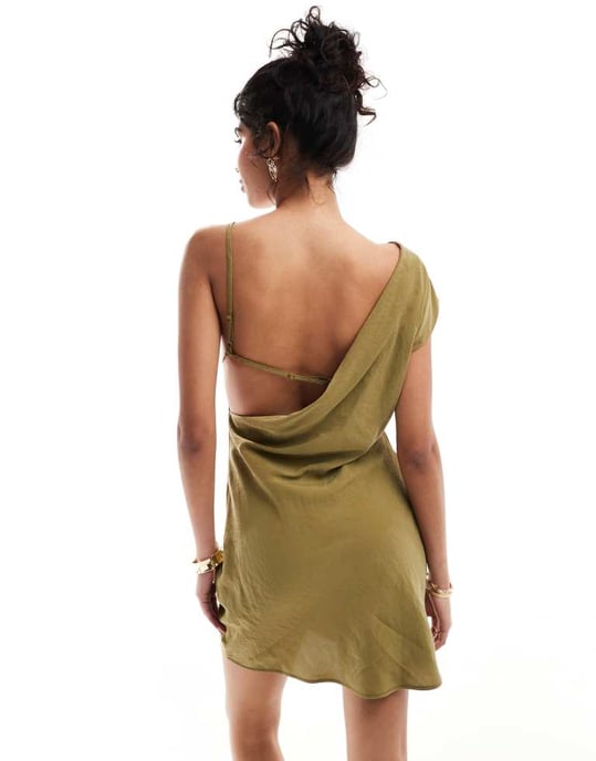 ASOS DESIGN one shoulder mini dress with back bra detail in khaki-Green - Image 4