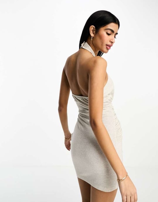 ASOS DESIGN twist neck halter mini dress with ruched skirt in oatmeal-Grey - Image 2