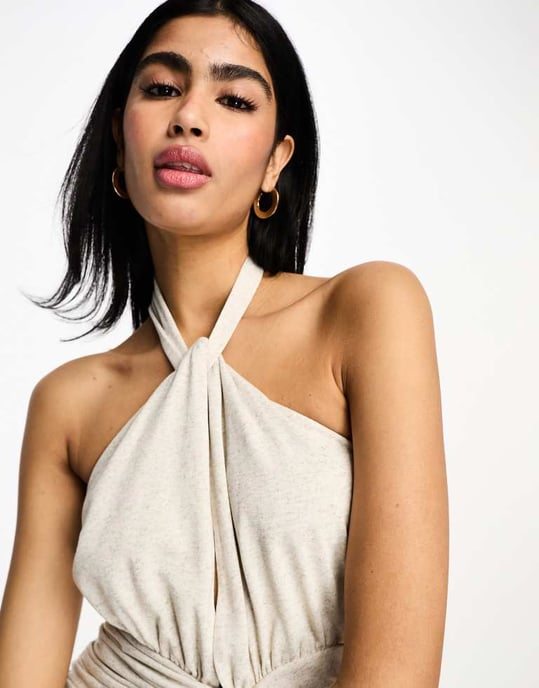 ASOS DESIGN twist neck halter mini dress with ruched skirt in oatmeal-Grey - Image 3