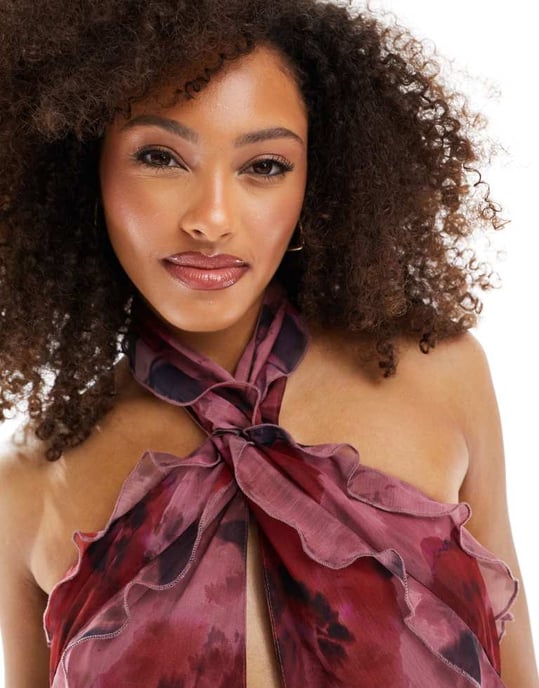 ASOS DESIGN halter neck mini dress with cut out and frill detail in rose floral print-Multi - Image 3