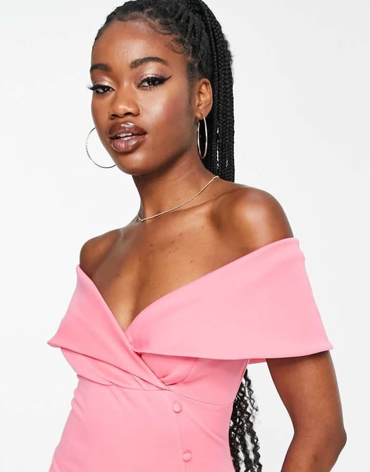ASOS DESIGN off shoulder button detail mini dress in hot pink - Image 2