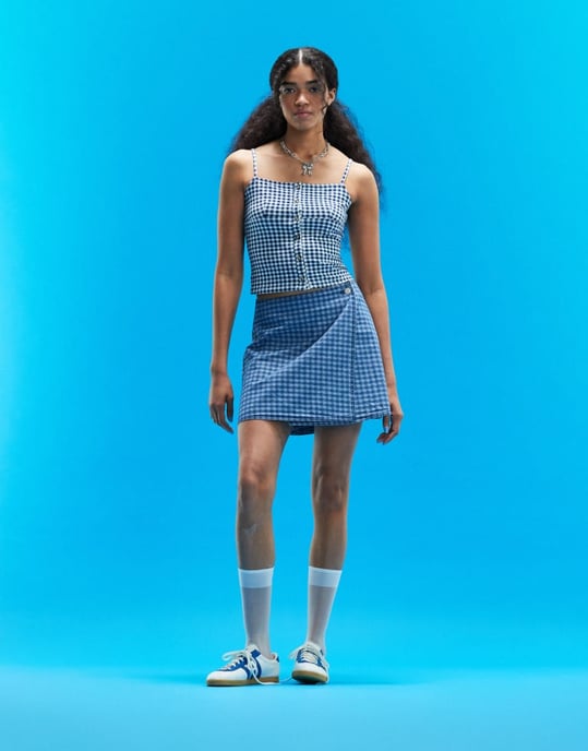 ASOS DESIGN denim wrap mini skirt in blue gingham print - Image 4