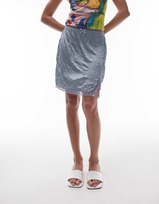 Topshop crinkle mini skirt with knicker trim and lace split in airforce blue - Image 3